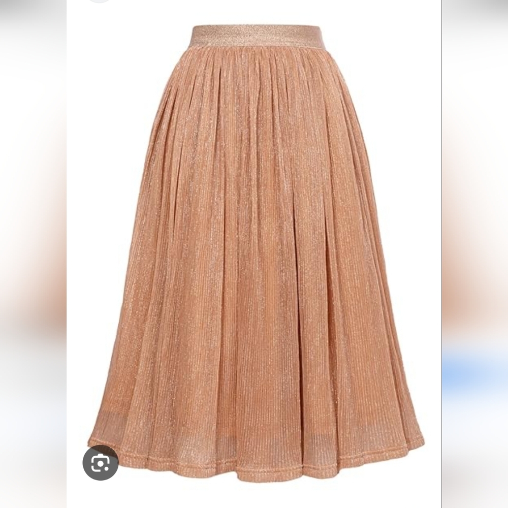 Grace Karin Metallic Rose Gold Pleated Elastic Waist Midi Skirt S